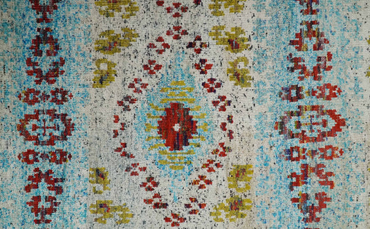 Hand Knotted Persian made of Recycled Silk Area Rug, Ivory, Red and Blue, 8X10 | OP53