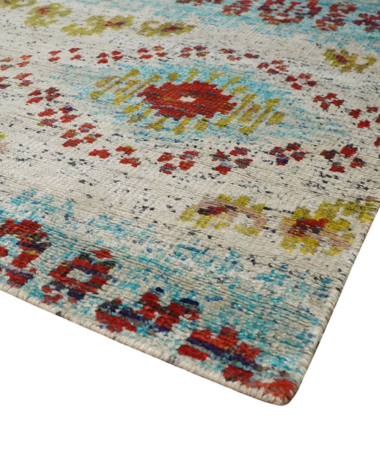 Hand Knotted Persian made of Recycled Silk Area Rug, Ivory, Red and Blue, 8X10 | OP53