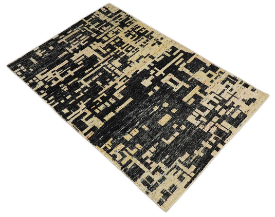 Hand Knotted Modern Abstract Contemporary Recycled Silk Area Rug, camel and Black, 4X6| OP54