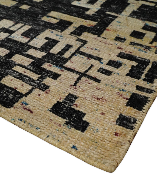 Hand Knotted Modern Abstract Contemporary Recycled Silk Area Rug, camel and Black, 4X6| OP54