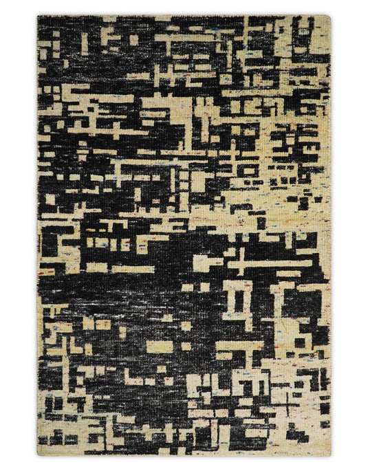 Hand Knotted Modern Abstract Contemporary Recycled Silk Area Rug, camel and Black, 4X6| OP54