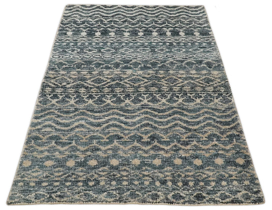 Hand Knotted Modern Contemporary Southwestern Tribal Trellis Recycled Silk Area Rug, Ivory, Camel and Blue, 4X6 | OP5546