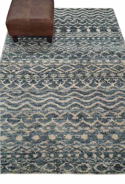 Hand Knotted Modern Contemporary Southwestern Tribal Trellis Recycled Silk Area Rug, Ivory, Camel and Blue, 4X6 | OP5546