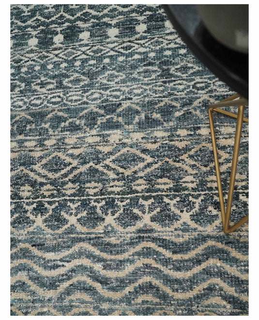 Hand Knotted Modern Contemporary Southwestern Tribal Trellis Recycled Silk Area Rug, Ivory, Camel and Blue, 4X6 | OP5546