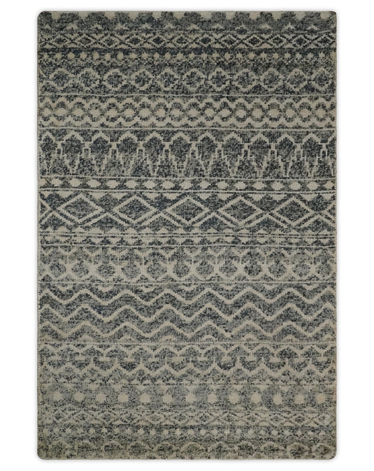 Hand Knotted Modern Contemporary Southwestern Tribal Trellis Recycled Silk Area Rug,  Ivory, Black and Gray , 4X6 | OP56