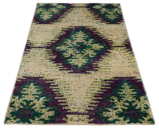 Hand Knotted Persian made of Recycled Silk Area Rug, Beige, Violet and Green, 4x6 | OP57