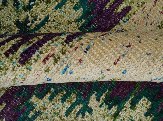 Hand Knotted Persian made of Recycled Silk Area Rug, Beige, Violet and Green, 4x6 | OP57