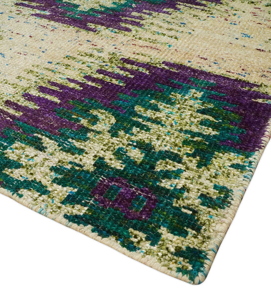 Hand Knotted Persian made of Recycled Silk Area Rug, Beige, Violet and Green, 4x6 | OP57