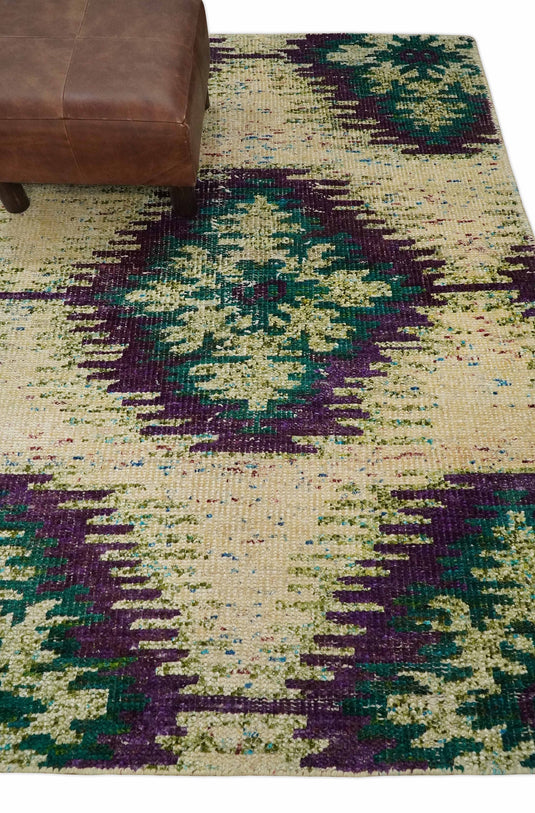 Hand Knotted Persian made of Recycled Silk Area Rug, Beige, Violet and Green, 4x6 | OP57