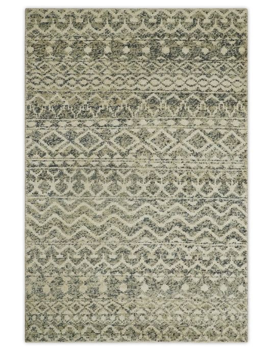 Hand Knotted Modern Contemporary Southwestern Tribal Trellis Recycled Silk Area Rug, Beige, Camel and Olive, 4x6 | OP5946