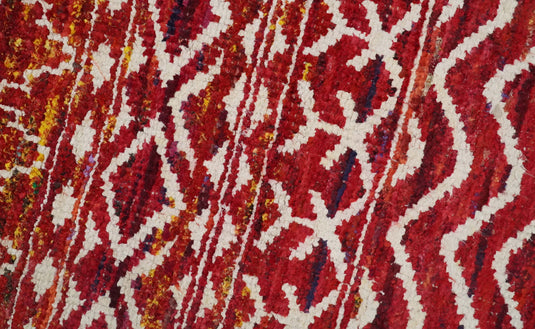 Hand Knotted Modern Contemporary Southwestern Tribal Trellis Recycled Silk Area Rug, Red and White, 4x6 | OP6046