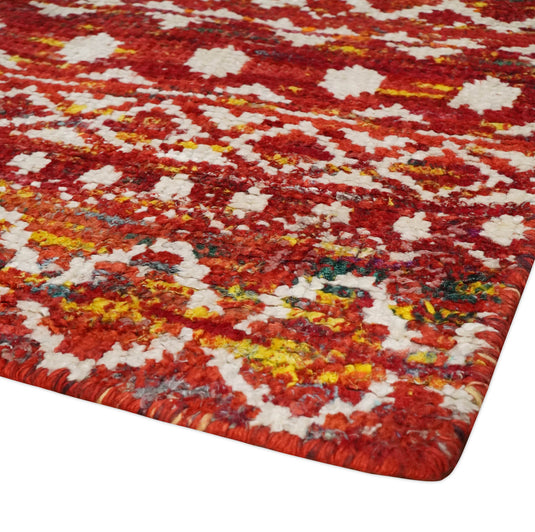 Hand Knotted Modern Contemporary Southwestern Tribal Trellis Recycled Silk Area Rug, Red and White, 4x6 | OP6046