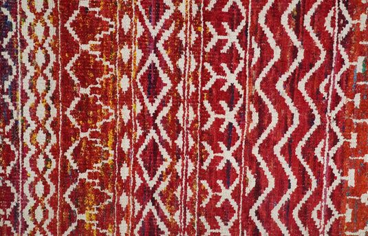 Hand Knotted Modern Contemporary Southwestern Tribal Trellis Recycled Silk Area Rug, Red and White, 4x6 | OP6046