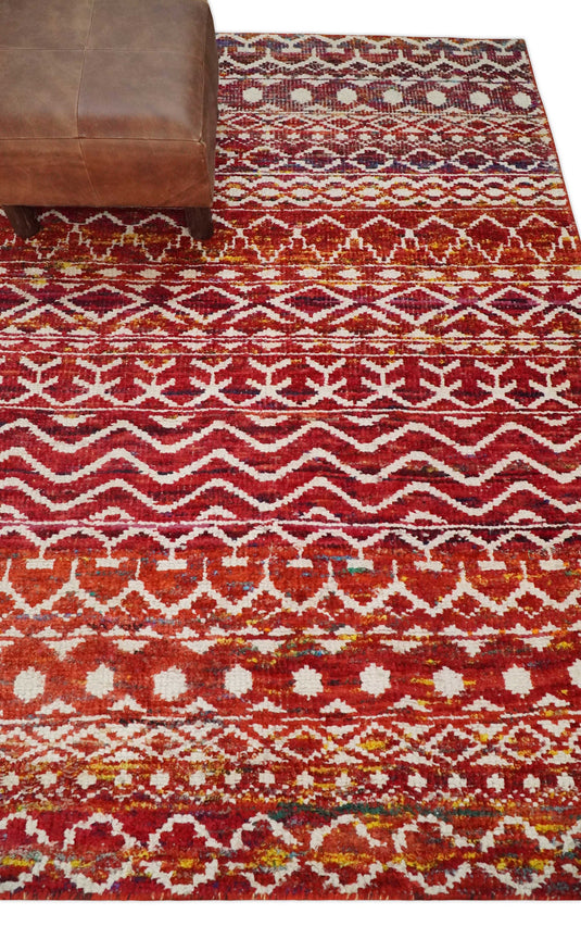 Hand Knotted Modern Contemporary Southwestern Tribal Trellis Recycled Silk Area Rug, Red and White, 4x6 | OP6046