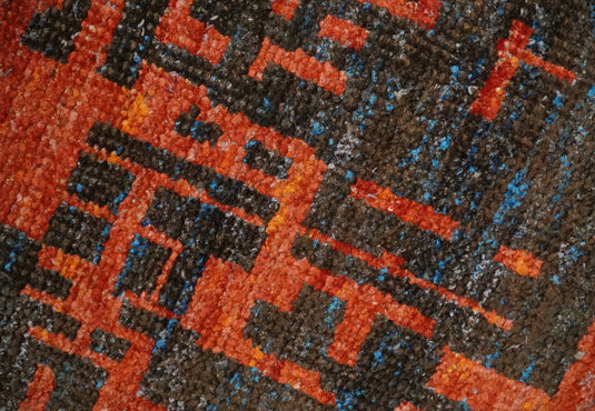 Hand Knotted Modern Abstract Contemporary Recycled Silk Area Rug, Orange and Charcoal, 4x6  | OP6246