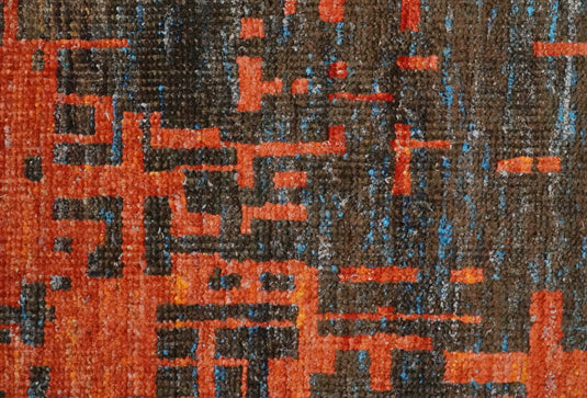 Hand Knotted Modern Abstract Contemporary Recycled Silk Area Rug, Orange and Charcoal, 4x6  | OP6246