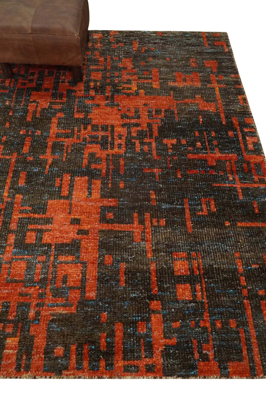 Hand Knotted Modern Abstract Contemporary Recycled Silk Area Rug, Orange and Charcoal, 4x6  | OP6246