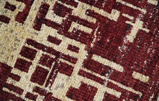 Hand Knotted Modern Abstract Contemporary Recycled Silk Area Rug,  Camel and Maroon, 4X6 | OP6446