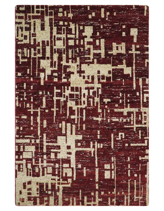 Hand Knotted Modern Abstract Contemporary Recycled Silk Area Rug,  Camel and Maroon, 4X6 | OP6446