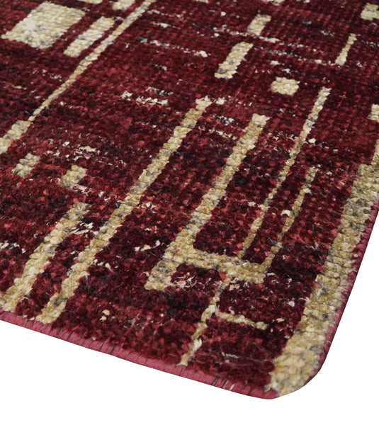 Hand Knotted Modern Abstract Contemporary Recycled Silk Area Rug,  Camel and Maroon, 4X6 | OP6446