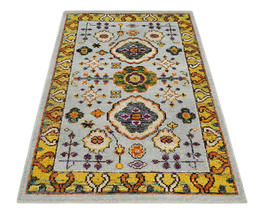 Hand Knotted Persian Oushak made of Recycled Silk Area Rug, Silver, Mustard and Gold, 4X6 | OP6546