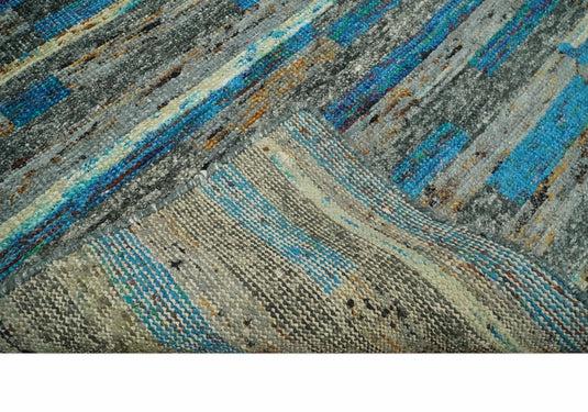 Hand Knotted Modern Abstract Contemporary Recycled Silk Area Rug, Gray, Ivory and Blue, 4.5X6.5| OP67