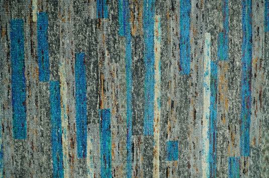 Hand Knotted Modern Abstract Contemporary Recycled Silk Area Rug, Gray, Ivory and Blue, 4.5X6.5| OP67