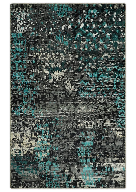 Hand Knotted Modern Abstract Contemporary Recycled Silk Area Rug, Charcoal, Ivory and Blue, 5x8 | OP6858