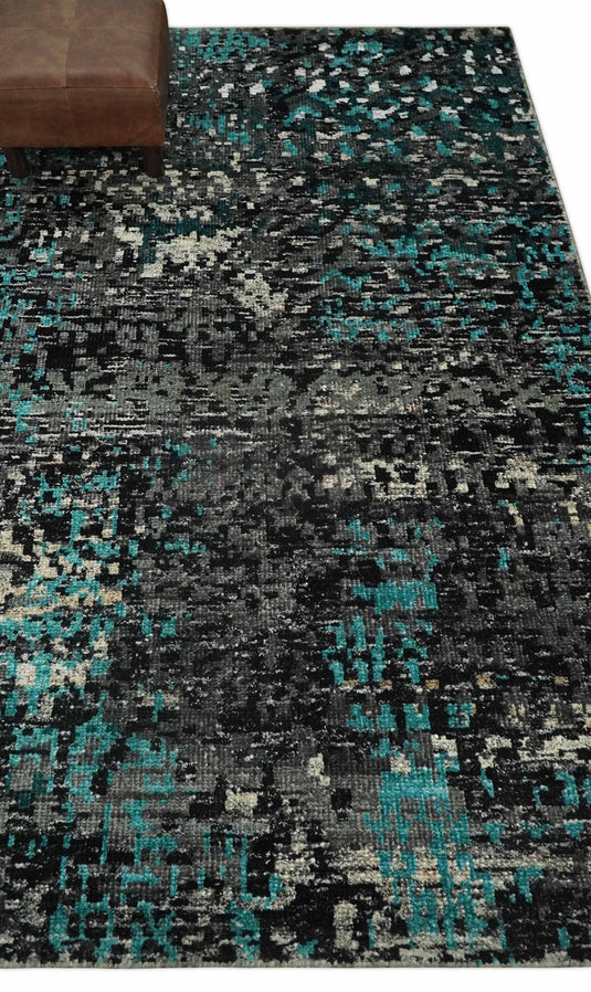 Hand Knotted Modern Abstract Contemporary Recycled Silk Area Rug, Charcoal, Ivory and Blue, 5x8 | OP6858