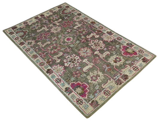 Antique Hand Knotted Persian made of Bamboo Silk Area Rug Moss Green, Beige and Pink, 5x8 | OP7058