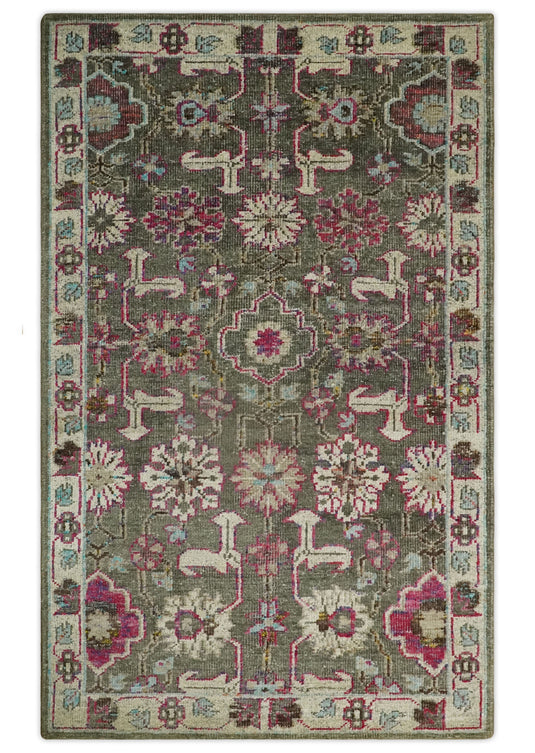 Antique Hand Knotted Persian made of Bamboo Silk Area Rug Moss Green, Beige and Pink, 5x8 | OP7058