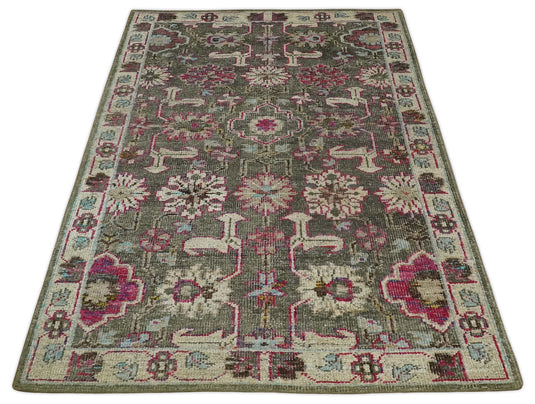 Antique Hand Knotted Persian made of Bamboo Silk Area Rug Moss Green, Beige and Pink, 5x8 | OP7058