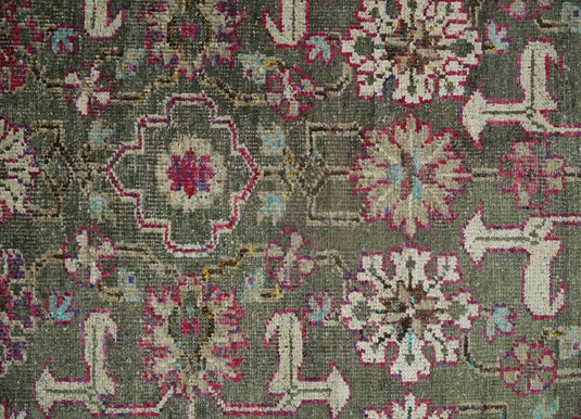 Antique Hand Knotted Persian made of Bamboo Silk Area Rug Moss Green, Beige and Pink, 5x8 | OP7058