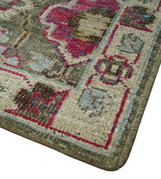 Antique Hand Knotted Persian made of Bamboo Silk Area Rug Moss Green, Beige and Pink, 5x8 | OP7058