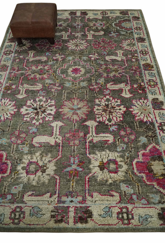 Antique Hand Knotted Persian made of Bamboo Silk Area Rug Moss Green, Beige and Pink, 5x8 | OP7058