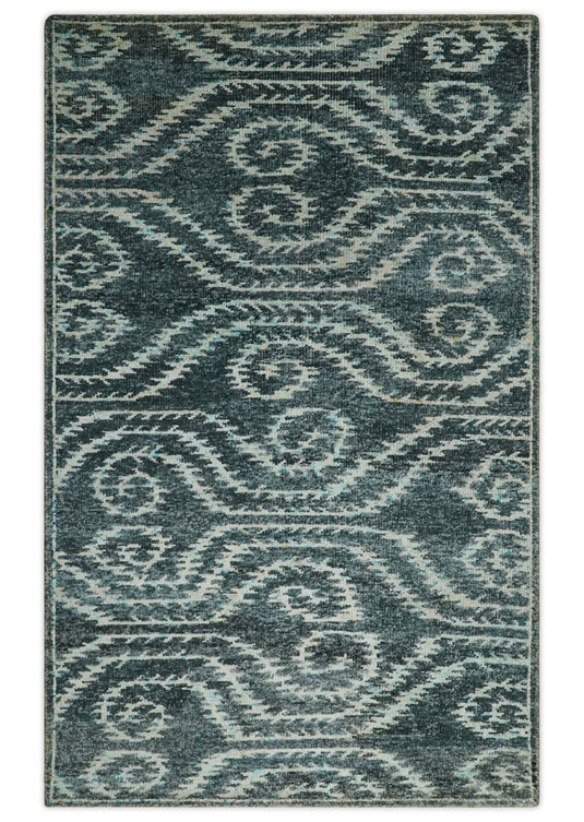 Hand Knotted Modern Contemporary Southwestern Tribal Trellis Recycled Silk Area Rug, Dark Teal and Ivory, 5X8