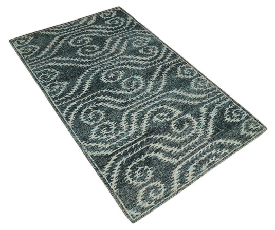 Hand Knotted Modern Contemporary Southwestern Tribal Trellis Recycled Silk Area Rug, Dark Teal and Ivory, 5X8