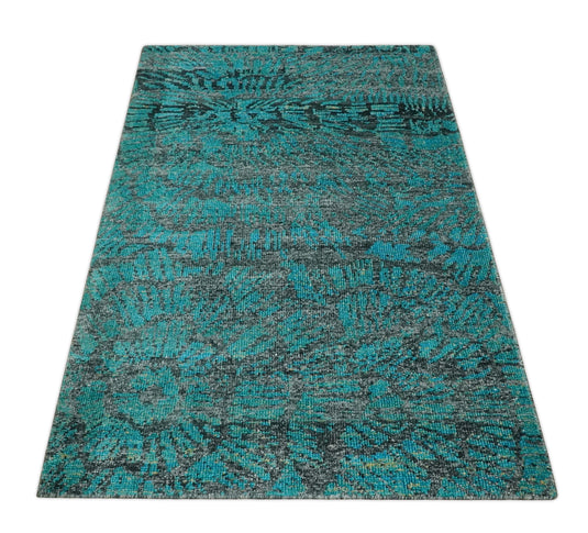 Hand Knotted Modern Style Contemporary Recycled Silk Area Rug,  Charcoal and Teal Blue, 5X8