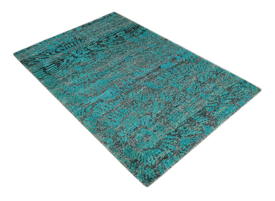 Hand Knotted Modern Style Contemporary Recycled Silk Area Rug,  Charcoal and Teal Blue, 5X8