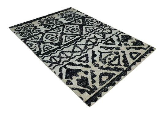 Hand Knotted Antique Persian Style Contemporary Recycled Silk Area Rug, Ivory and Black , 5X8