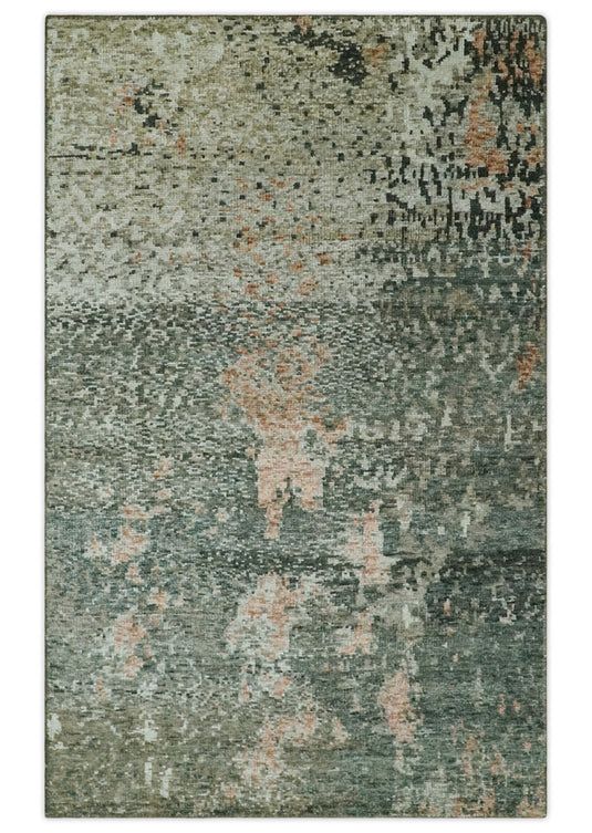 Hand Knotted Modern Abstract Contemporary Recycled Silk Area Rug, Moss Green, Peach and Teal, 5X8