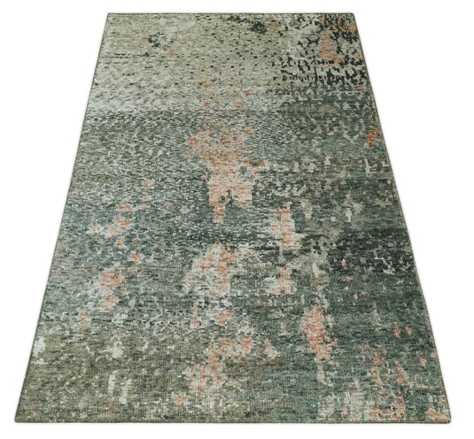 Hand Knotted Modern Abstract Contemporary Recycled Silk Area Rug, Moss Green, Peach and Teal, 5X8