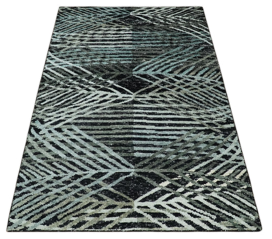 Hand Knotted Modern Style Contemporary Recycled Silk Area Rug, Black, Ivory and Teal, 5X8