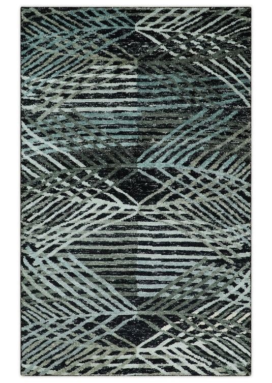 Hand Knotted Modern Style Contemporary Recycled Silk Area Rug, Black, Ivory and Teal, 5X8