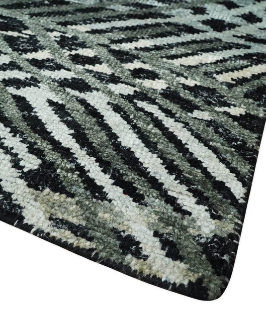 Hand Knotted Modern Style Contemporary Recycled Silk Area Rug, Black, Ivory and Teal, 5X8