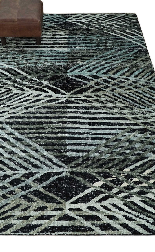 Hand Knotted Modern Style Contemporary Recycled Silk Area Rug, Black, Ivory and Teal, 5X8