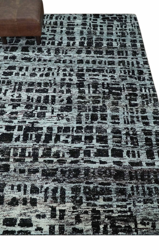 Hand Knotted Modern Abstract Contemporary Recycled Silk Area Rug, Black and Silver, 5X8