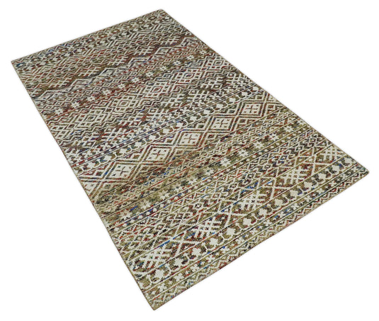 Hand Knotted Modern Contemporary Southwestern Tribal Trellis Recycled Silk Area Rug, Ivory, Olive and Rust , 5X8