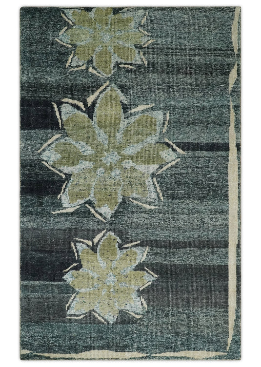 Hand Knotted Floral Persian made of Recycled Silk Area Rug, Charcoal, Beige and Teal, 5X8