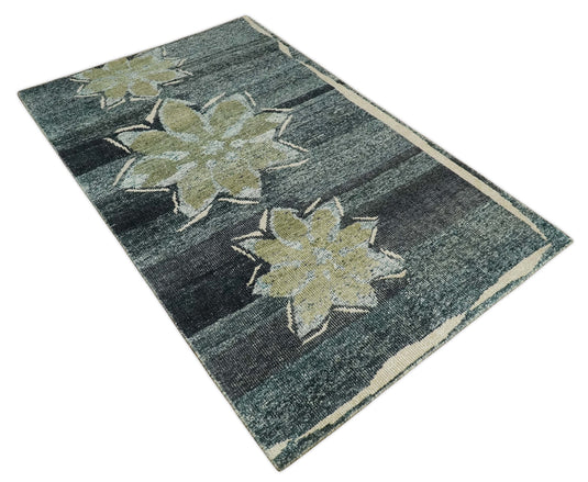 Hand Knotted Floral Persian made of Recycled Silk Area Rug, Charcoal, Beige and Teal, 5X8